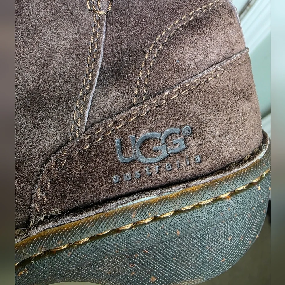 UGG Australia Mid-Calf Brown Suede Boots Shearling Trim Leather Lace-Up 7US/38EU